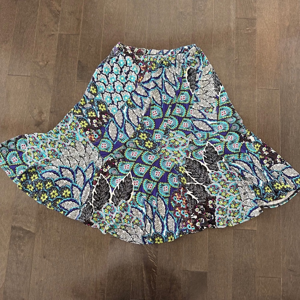 Vintage‎ Salaam Midi Skirt Floral Peacock Patchwork Artsy A Line Flowy L